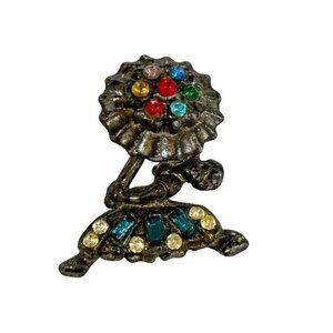 Vintage Brooch Pin Dancer with Umbrella Silvertone Multicolor 1.25"
